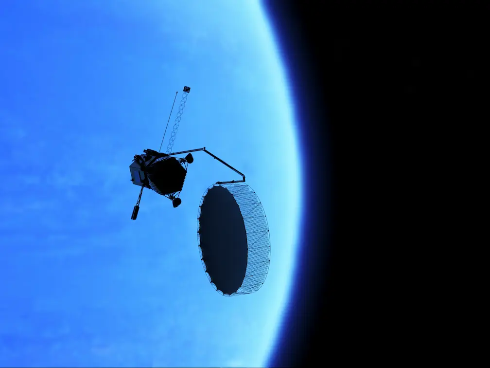 Render of the Arcanum spacecraft with Neptune in the background